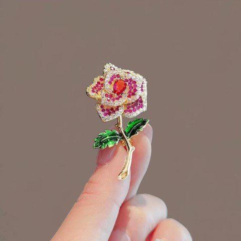 Red Rose Green Leaf Brooch-BHD0