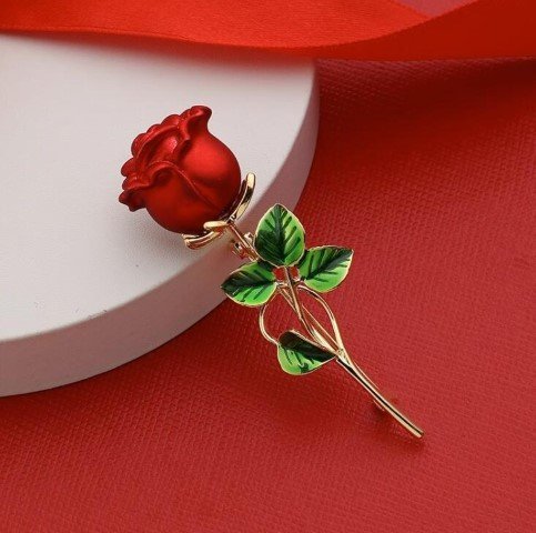 Red Rose Green Leaf Brooch-BHD0RD